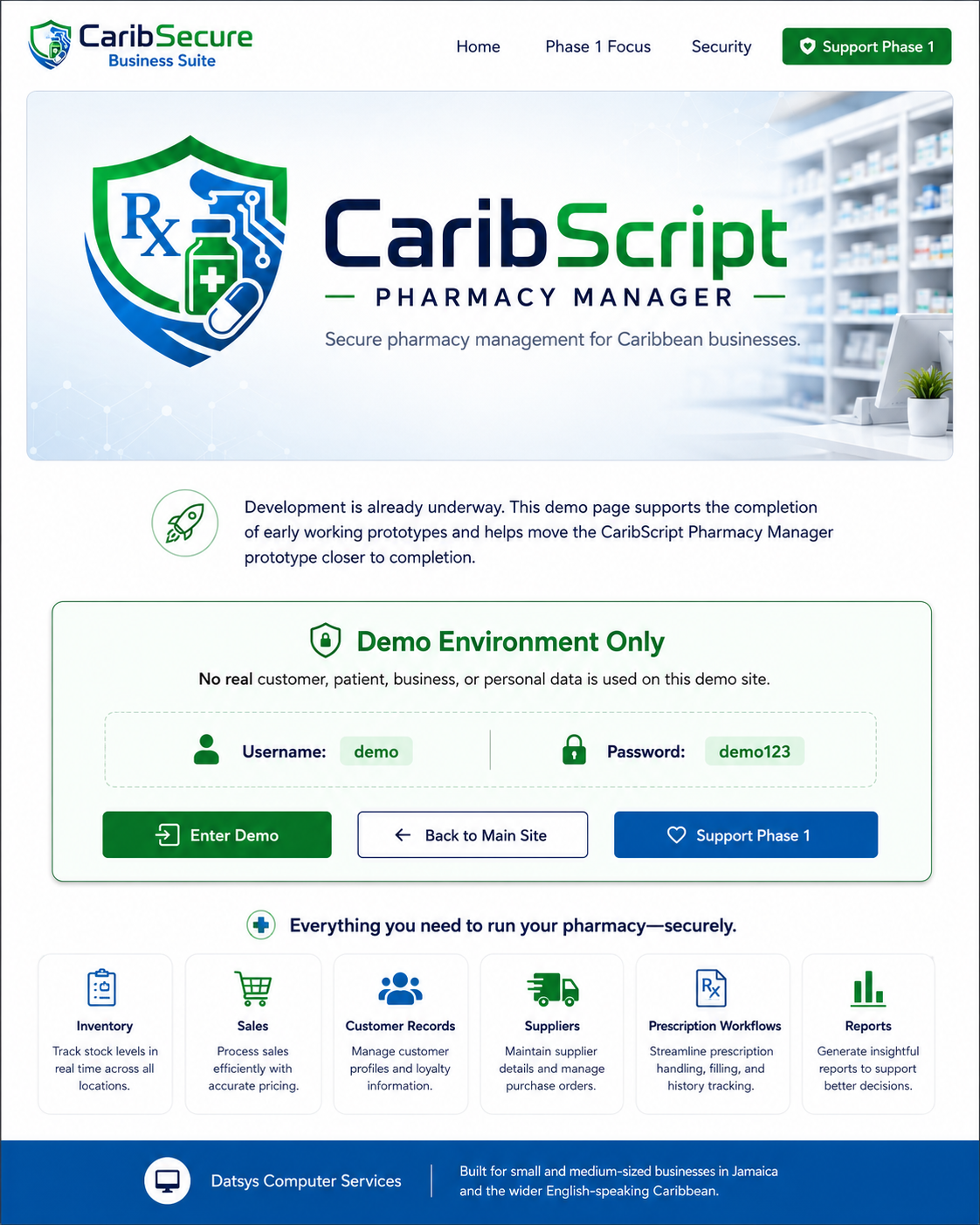 CaribScript Pharmacy Manager demo landing page