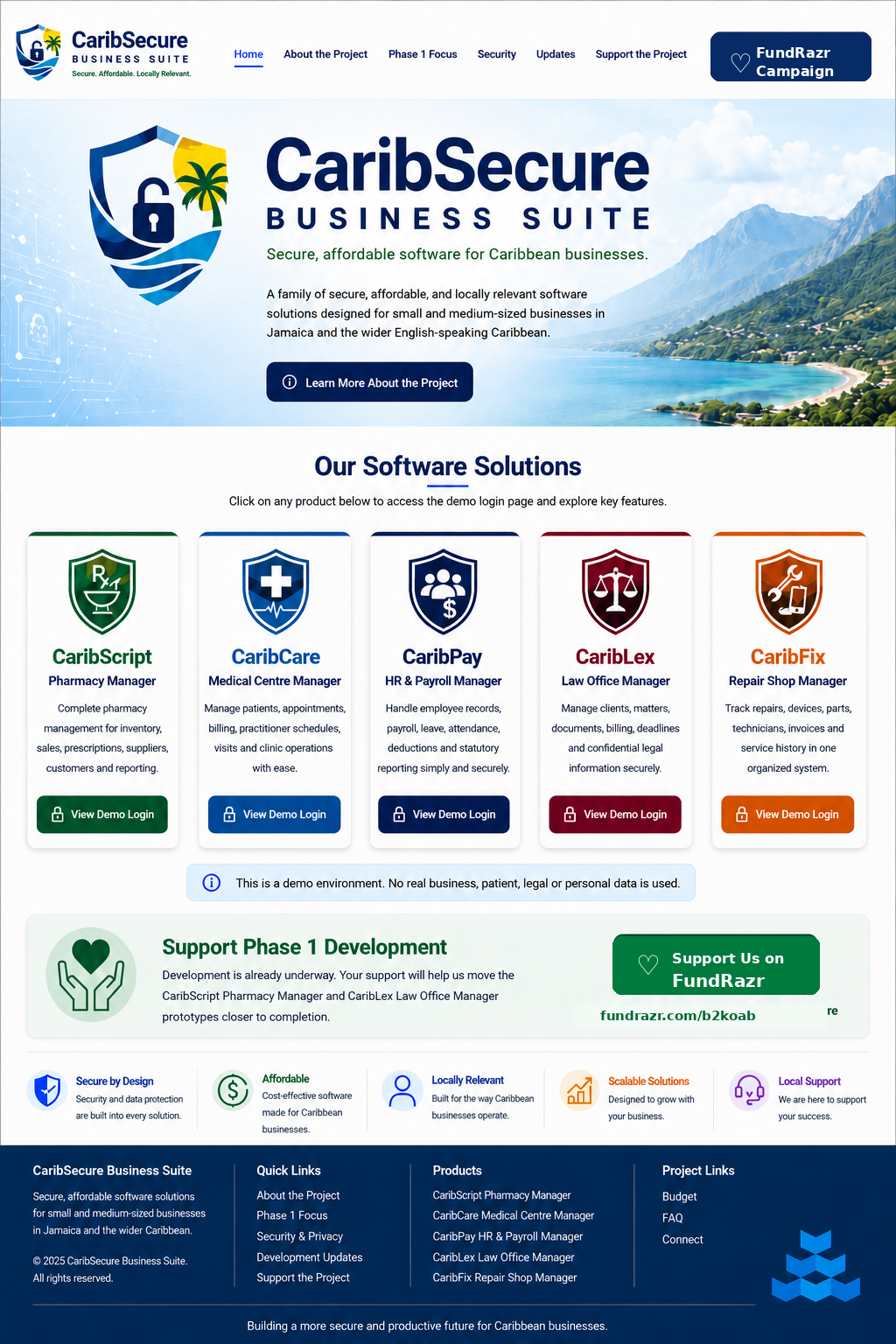 CaribSecure Business Suite landing page with software product cards, Phase 1 campaign support section, footer quick links, product links, and project links for Budget, FAQ, and Connect.